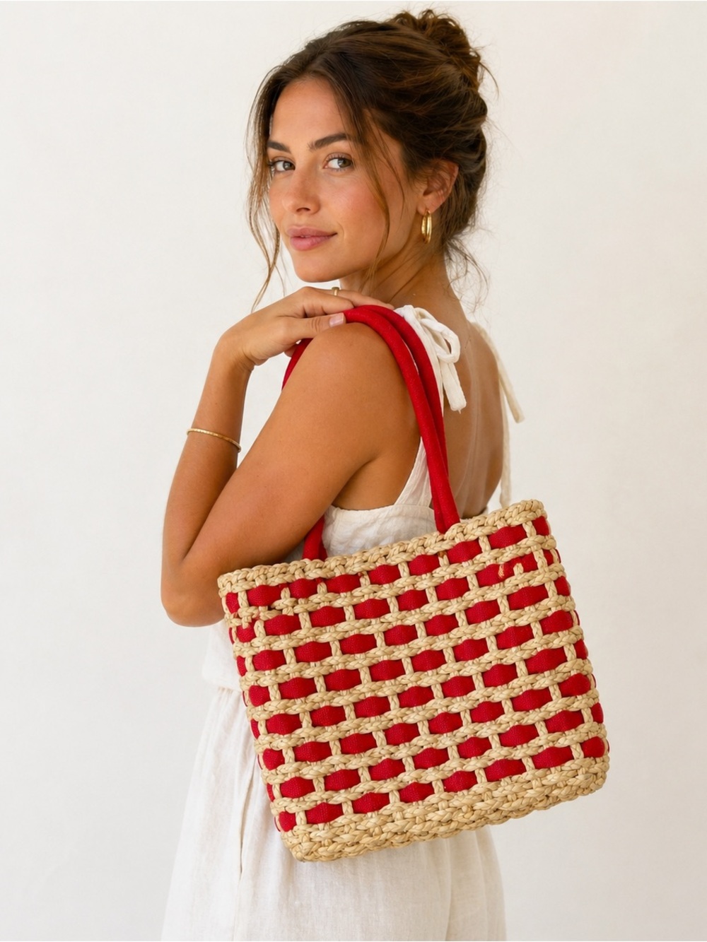 Red Woven Straw Tote Bag Boho Coastal Summer Beach Market Basket Handbag